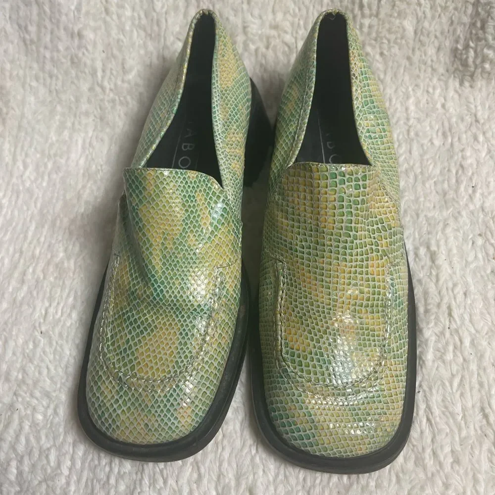 MABOU leather snake skin print Green and Yellow Loafers Block heels SZ8